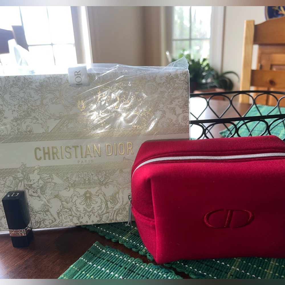 Christian Dior Red Make Up Pouch with Velvet lipstick and Christian Dior Bag